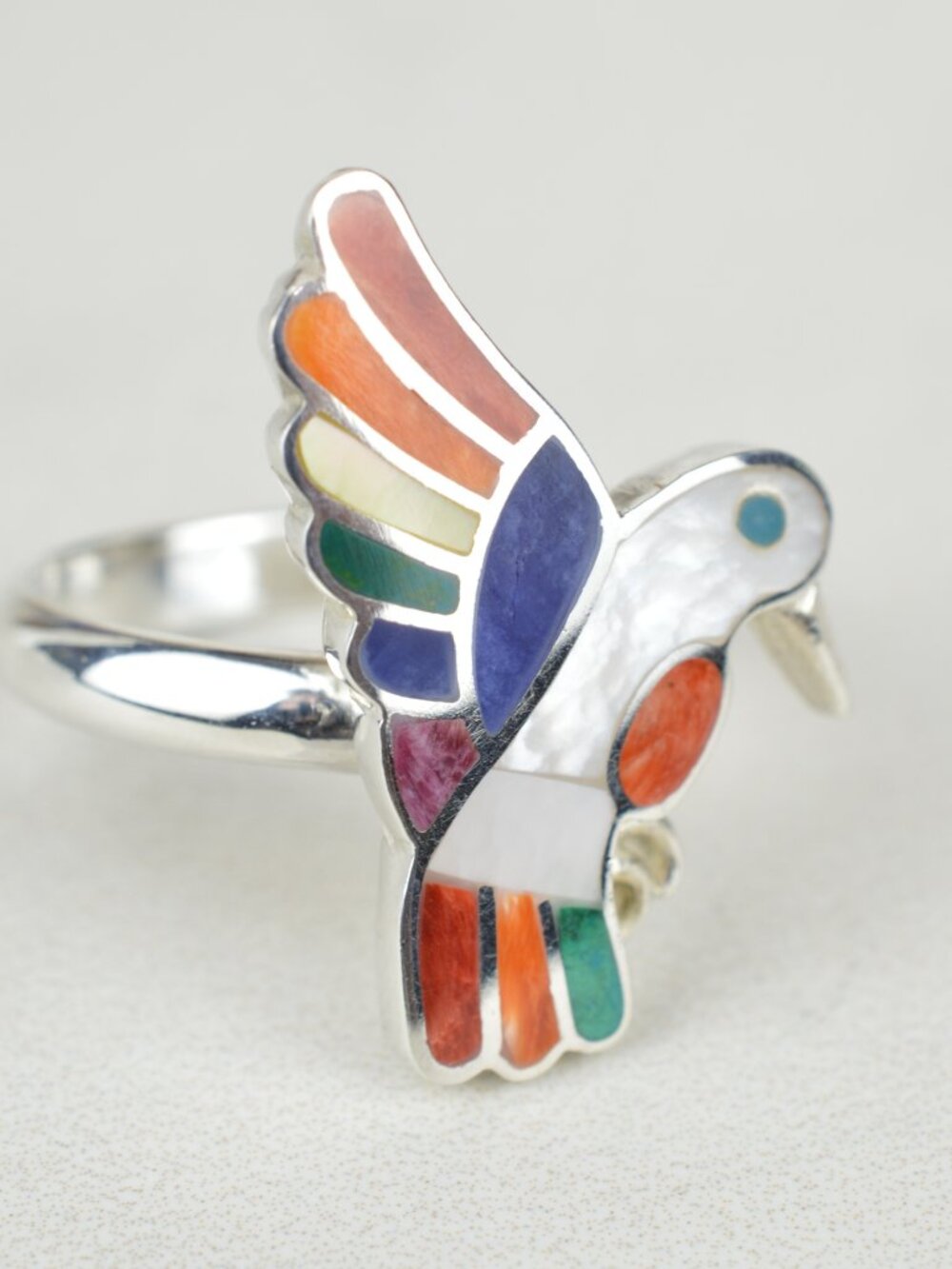 Peruvian Inlay Hummingbird Ring 925 Silver Size 7.5 - Picture 7 of 11